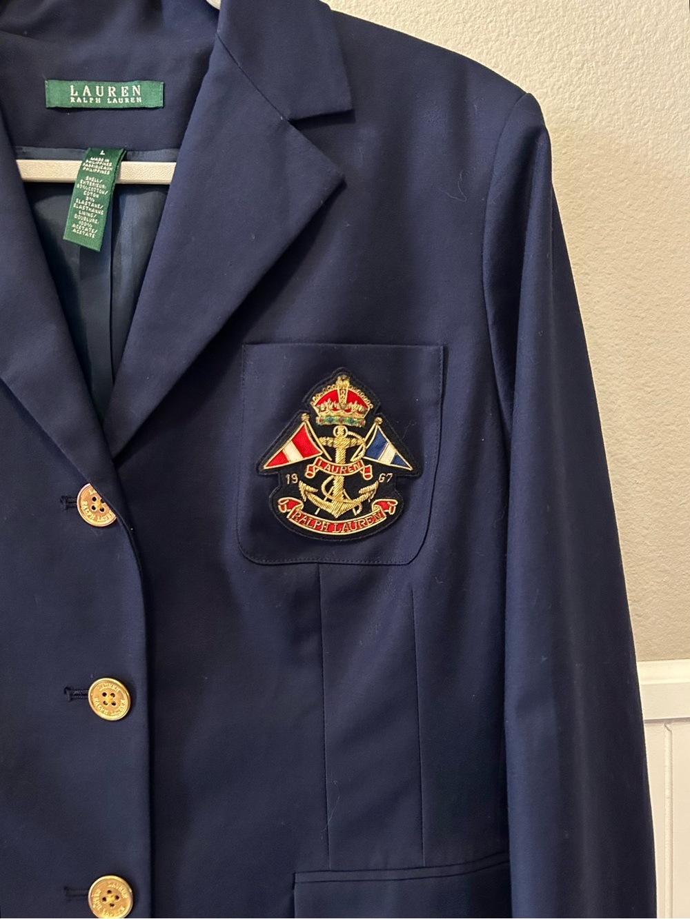 Lauren Ralph Lauren Navy Crest Blazer Gold Buttons Nautical Preppy Cotton Jacket - Picture 3 of 11